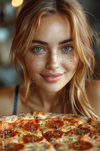 A calm  freckled lady smiles while holding a pizza  embodying natural beauty and care.