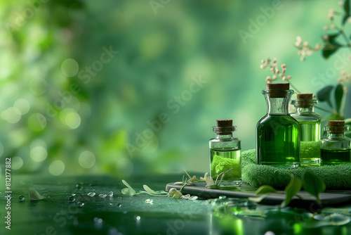 spa still life with essential oils, Immerse yourself in the soothing embrace of a green zen aromatherapy massage abstract background, where nature and health converge in perfect harmony