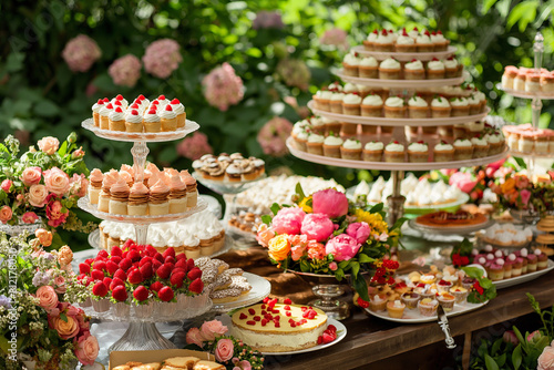 cupcakes with cream and berries, Indulge in the delightful spread of a wedding buffet table, showcasing an exquisite array of desserts and sweets © SANA