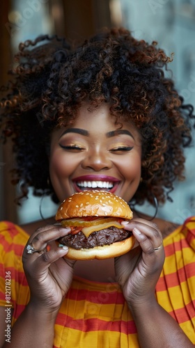 plus size black woman with burger at summer 