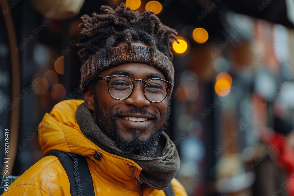 Fototapeta premium The positive African man laughs as he walks the autumn city streets with confidence.