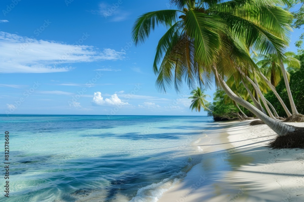 Fototapeta premium Sunny Beach with palm trees. Landscape sunset. Generate Ai