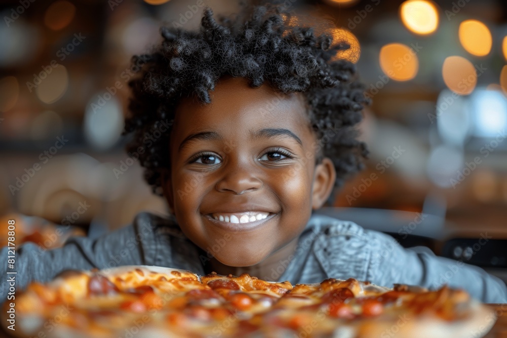 An adorable African boy enjoys a delicious slice of pizza in a bustling restaurant. An adorable African boy enjoys a delicious slice of pizza in a bustling restaurant.