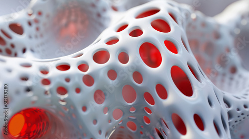 Crimson Cosmos: White Fractal Ferrofluidal with Red Glowing Holes. Generative AI photo