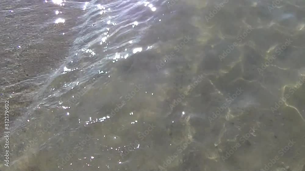 Sandy bottom under shallow seawater on beach, waves and reflections of sunlight - natural background in real time. Topics: natural environment, relaxation, vacation, holiday, texture Sandy bottom under shallow seawater on beach, waves and reflections of sunlight - natural background in real time. Topics: natural environment, relaxation, vacation, holiday, texture