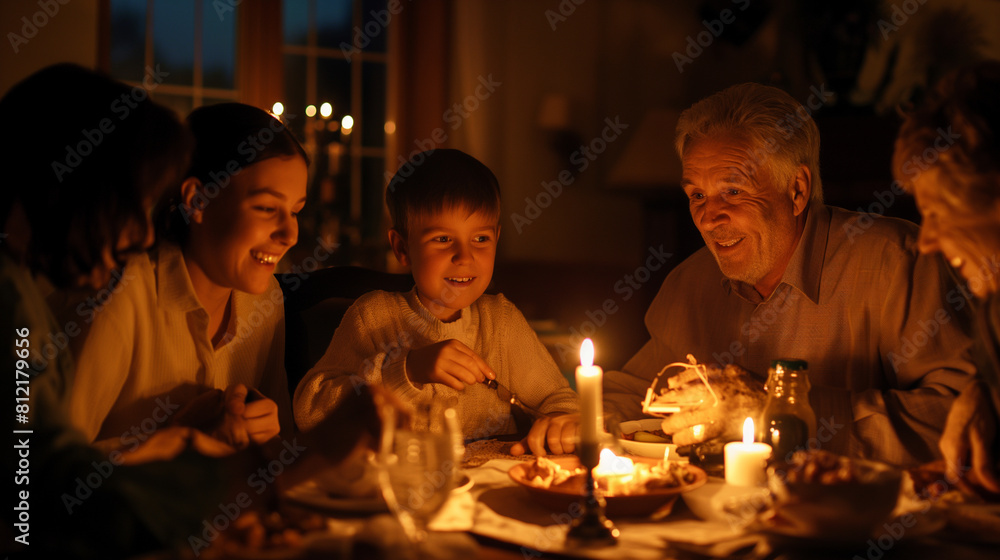 Four generations of family members gathered around a dining table, their faces aglow with candlelight as they share a festive holiday meal. Dynamic and dramatic composition, with c Four generations of family members gathered around a dining table, their faces aglow with candlelight as they share a festive holiday meal. Dynamic and dramatic composition, with c