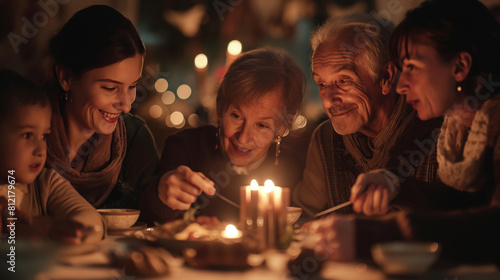Four generations of family members gathered around a dining table, their faces aglow with candlelight as they share a festive holiday meal. Dynamic and dramatic composition, with c photo