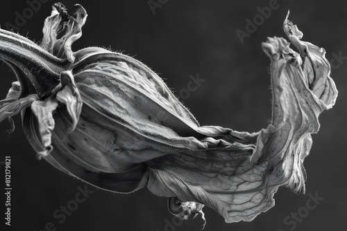 Black and White of a Dried Squash Blossom  - Closeup of Shriveled Flower with Dark Background photo