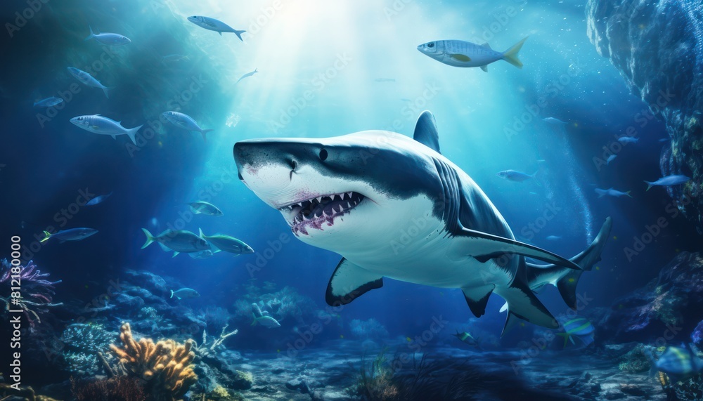 Fototapeta premium The great White Shark in the ocean, portrait of White shark hunting prey in the underwater