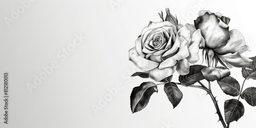Sketch Monochrome drawing of two Rosa centifolia roses on a plain canvas. Copy space. Sympathy card. Generative AI photo