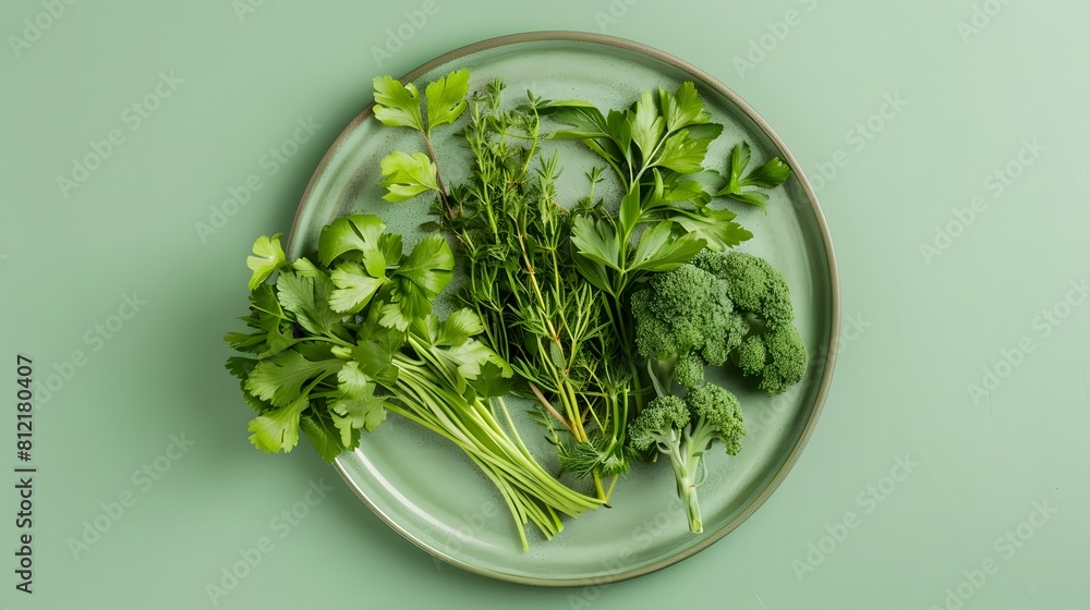 Variety of fresh green vegetables on a ceramic plate against a pastel green background. Flat lay composition. Healthy eating and vegetarian concept for design and print Variety of fresh green vegetables on a ceramic plate against a pastel green background. Flat lay composition. Healthy eating and vegetarian concept for design and print