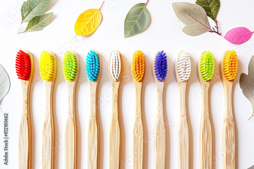 A delightful set of biodegradable bamboo toothbrushes designed for children  featuring vibrant bristles in assorted colors.