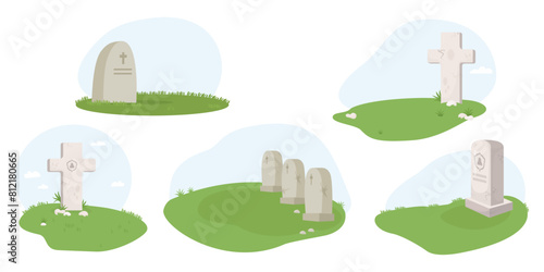 Cemetery. Collection of grave crosses, tombstones, stone graves in grass. Isolated vector illustration.