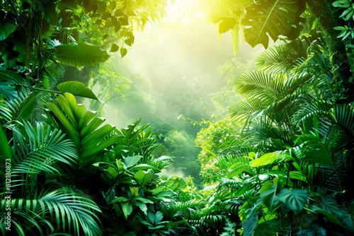 A lush green forest with sunlight filtering through the canopy, illuminating the vibrant foliage and creating a tranquil atmosphere perfect for exploration and rejuvenation