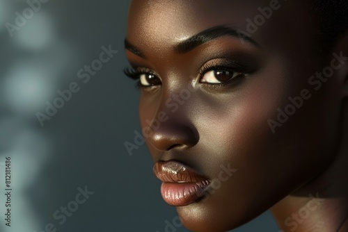 Close-up of an elegant woman featuring her glossy skin and striking makeup in soft lighting © anatolir