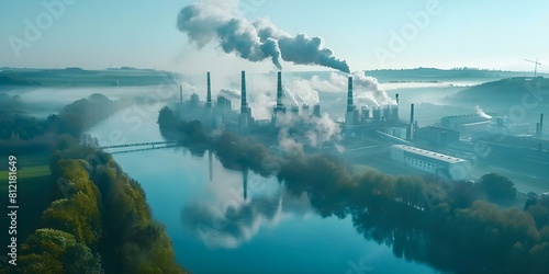 Aerial view of factory emitting smoke from chimneys highlighting environmental and social concerns. Concept Environmental Pollution, Industrial Impact, Aerial Photography, Social Issues photo