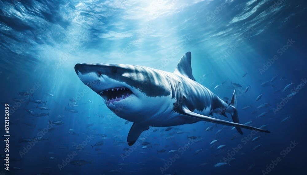 Fototapeta premium The great White Shark in the ocean, portrait of White shark hunting prey in the underwater