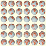 Collection of planet globes. Slanted sphere view. Rotation step 10 degrees. Colored countries style. World map with dense graticule lines on pastel background. Pleasant vector illustration.