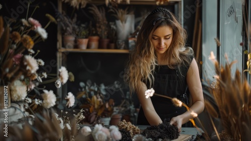 female florist entrepreneur arranging black bouquet of dry flowers small business concept photo