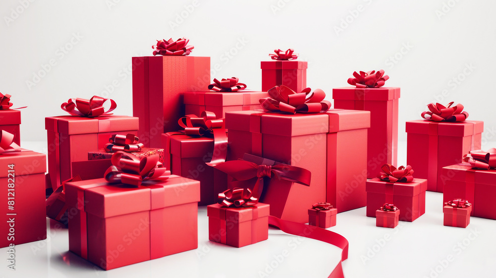 Fototapeta premium Many beautiful presents in red,Great holiday gift in a red box. Place for text,lots of red gift boxes