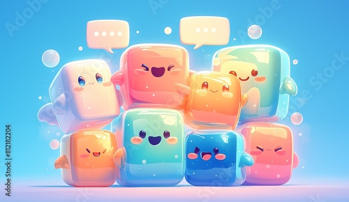 A group of cute marshmallows with speech bubbles, featuring soft tones and pastel colors.