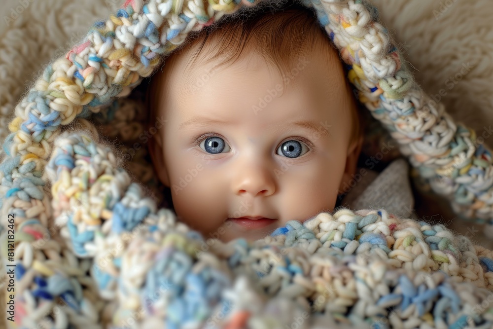 Close-up of a cute infant with bright eyes wrapped in a colorful knitted blanket Close-up of a cute infant with bright eyes wrapped in a colorful knitted blanket