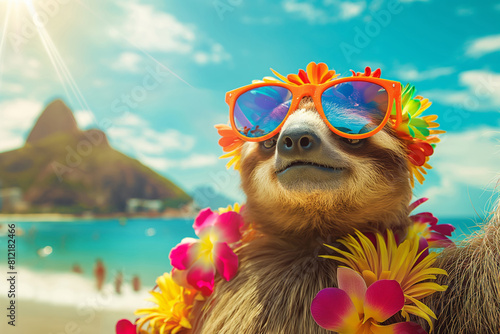 Rio de Janeiro. Sloth with sunglasses and lei on beach, enjoying the sun and water. Generative AI photo