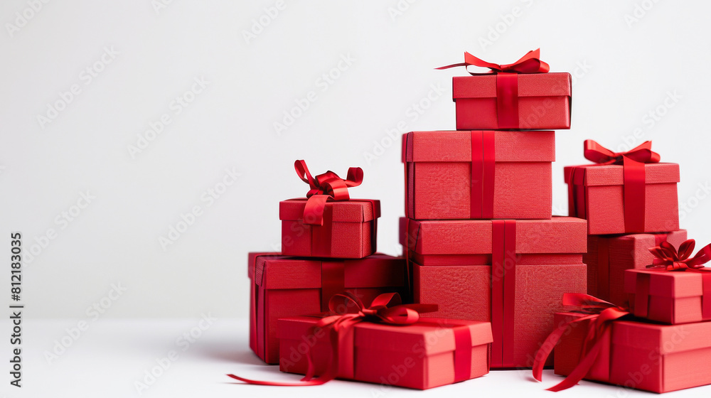 Fototapeta premium Many beautiful presents in red,Great holiday gift in a red box. Place for text,lots of red gift boxes