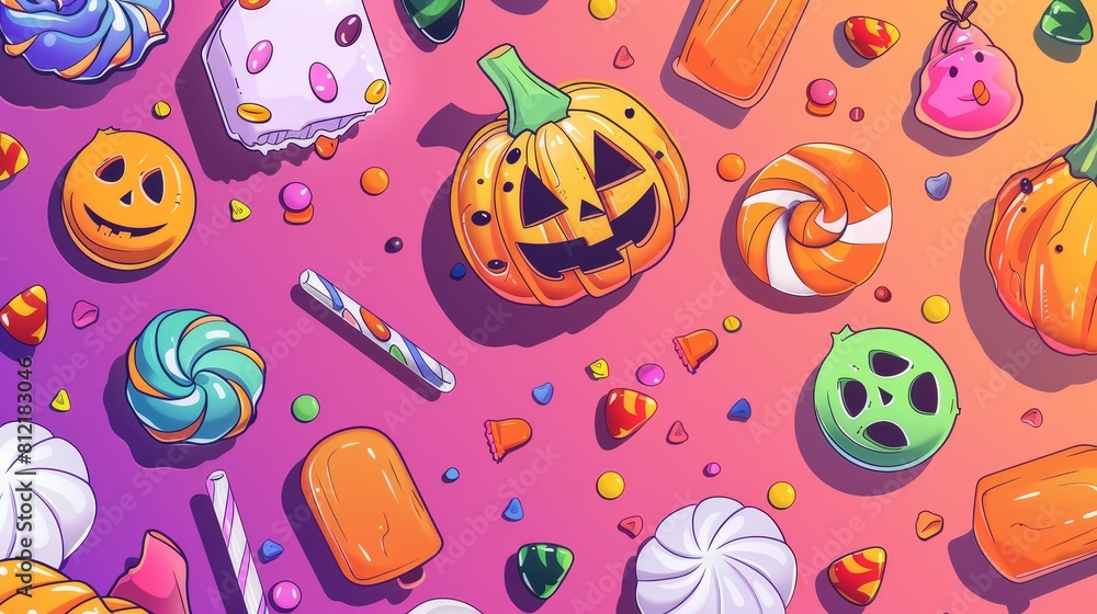 Candy flat design top view trick or treat theme cartoon drawing Triadic Color Scheme Candy flat design top view trick or treat theme cartoon drawing Triadic Color Scheme