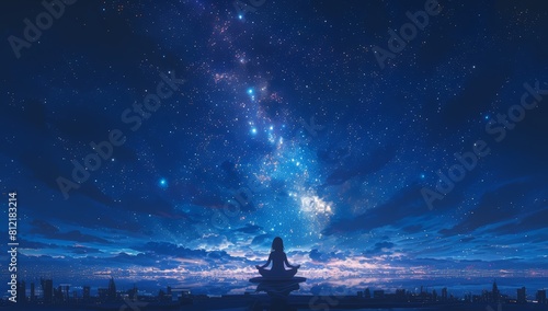 A person sitting in lotus position, meditating on a serene lake under a starry sky. Vibrant cosmic colors of blue and purple Anime style