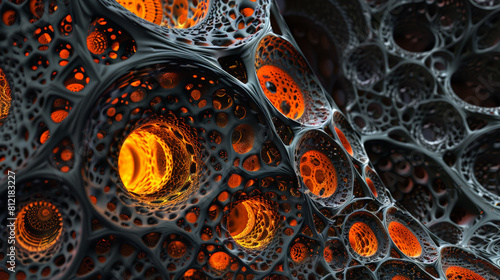 Eclipse of Elegance: Black Fractal Ferrofluidal with Orange Glowing Holes. Generative AI photo