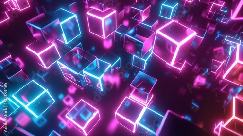futuristic abstract 3d render of floating neon cubes in dark space digital art