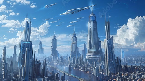 futuristic cityscape with towering skyscrapers and flying vehicles imagined urban landscape of tomorrow aigenerated digital art
