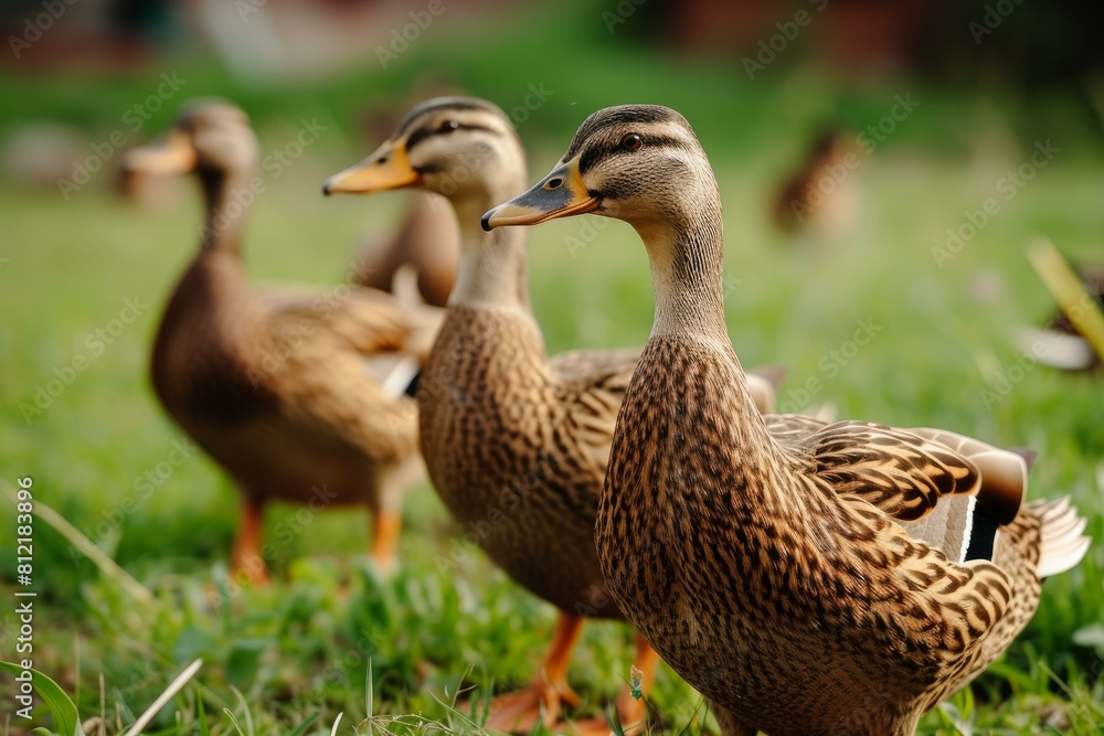 Close-up of three mallard ducks wandering in a vibrant green field Close-up of three mallard ducks wandering in a vibrant green field