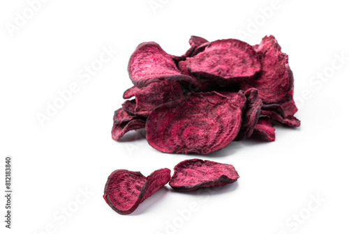 Dried beetroot chips isolated on white background