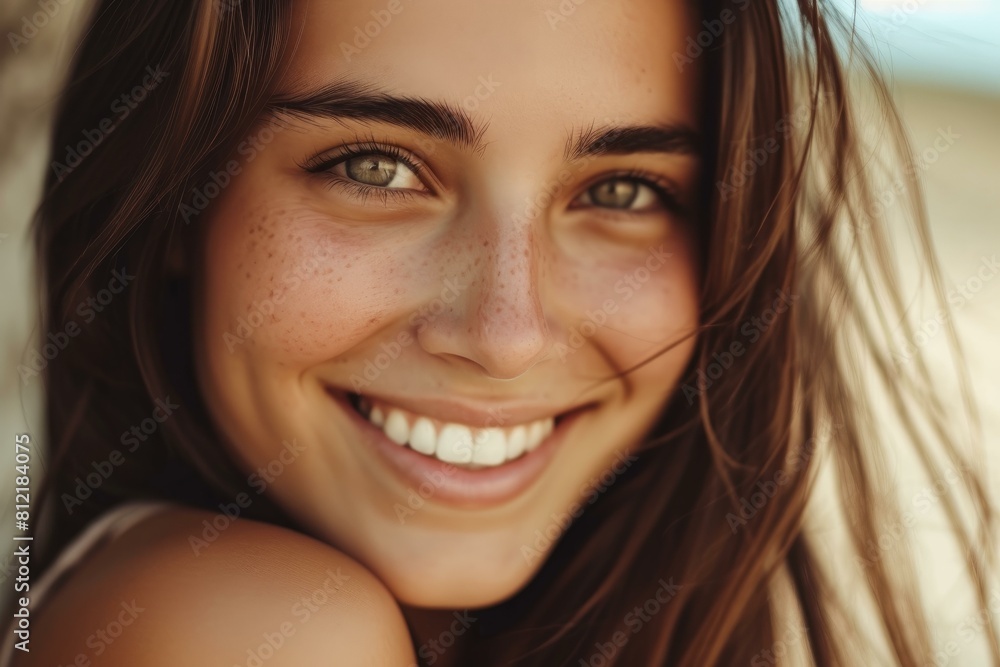 Close-up of a young woman with freckles smiling warmly, with windswept hair on a sunny beach Close-up of a young woman with freckles smiling warmly, with windswept hair on a sunny beach