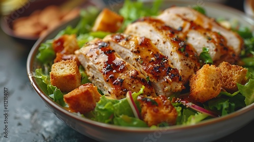 A closeup of Almond crusted chicken Caesar salad with croutons, Fresh food serving