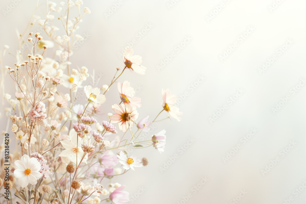 A soft background in pastel shades, featuring a delicate bouquet of wildflowers at the bottom corner with copy space. Mother's Day greeting card. A soft background in pastel shades, featuring a delicate bouquet of wildflowers at the bottom corner with copy space. Mother's Day greeting card.