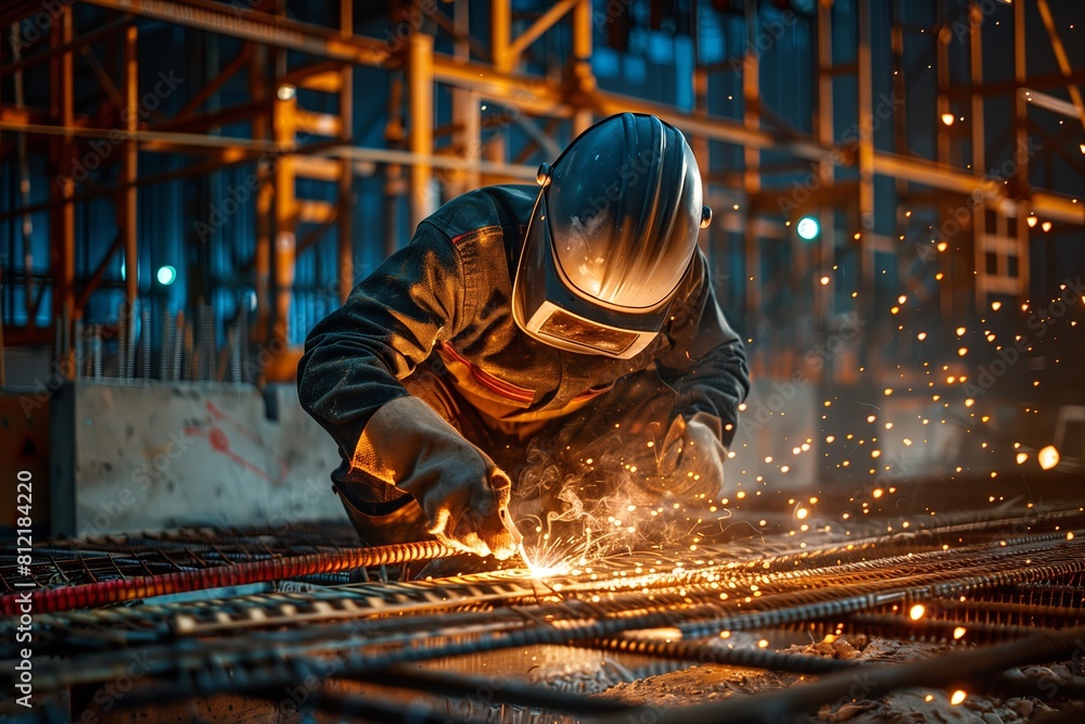 Metal worker in factory, using welding tool with precision, sparks flying. Hot construction scene, steel cutting with laser, plasma. Safety equipment and skill evident in modern. Metal worker in factory, using welding tool with precision, sparks flying. Hot construction scene, steel cutting with laser, plasma. Safety equipment and skill evident in modern.