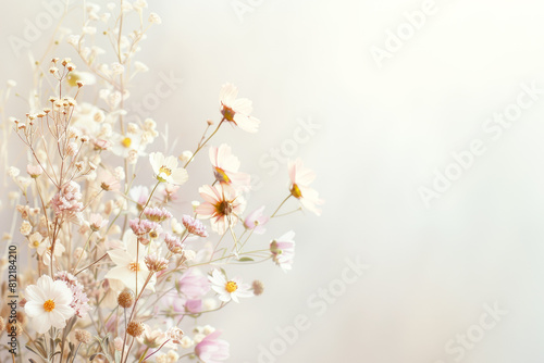 A soft background in pastel shades, featuring a delicate bouquet of wildflowers at the bottom corner with copy space. Mother's Day greeting card.