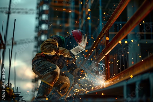 Welder working with steel, producing sparks and intense heat in industrial factory. Skilled worker in safety gear, using grinder, flame, and technology. Manual labor and.