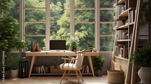 Develop a serene  nature-centric home office with calming hues and natural materials