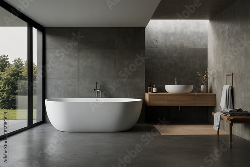 Modern minimalist bathroom bathtub interior 