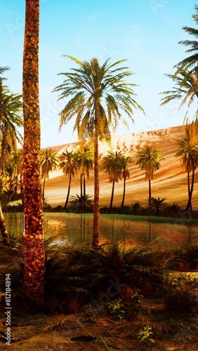 oasis with palm trees in desert photo