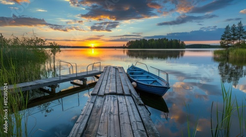 Wooden pier with fishing boat at sunset on a lake in rural Finland