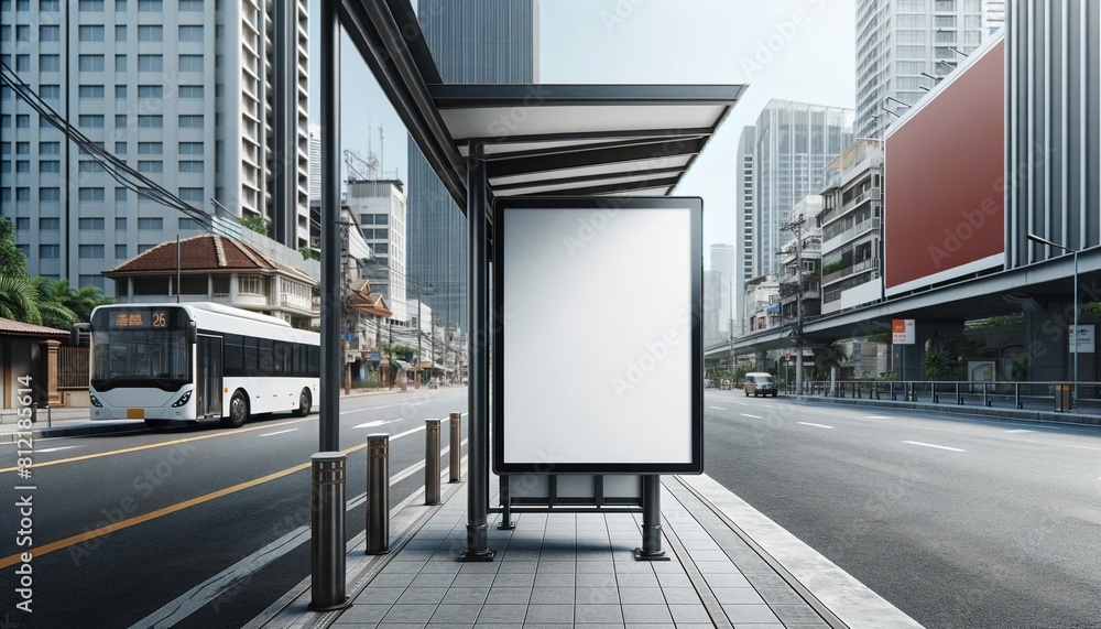 Vertical blank white billboard at bus stop on city street. In the background buildings and road. Mock up. Poster on street next to roadway.