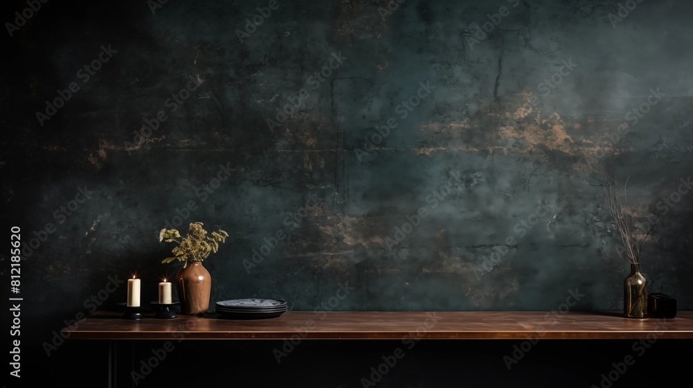Elegant and Minimalist Table Decoration Against a Dark Textured Wall Elegant and Minimalist Table Decoration Against a Dark Textured Wall