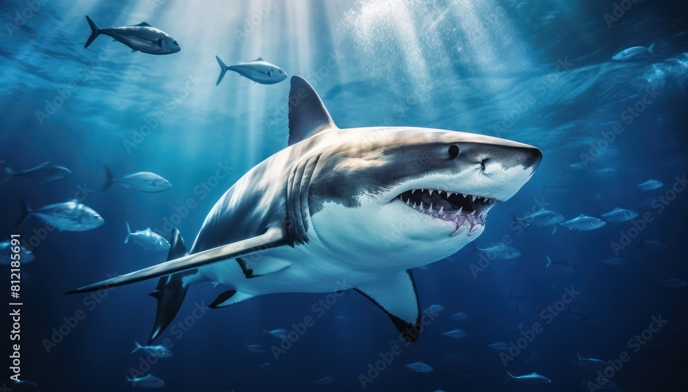 Naklejka premium The great White Shark in the ocean, portrait of White shark hunting prey in the underwater