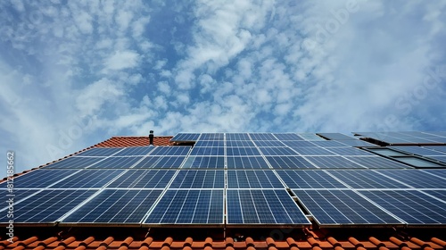 Blue solar panels on the roof of a house, generating clean, renewable energy from the sun.