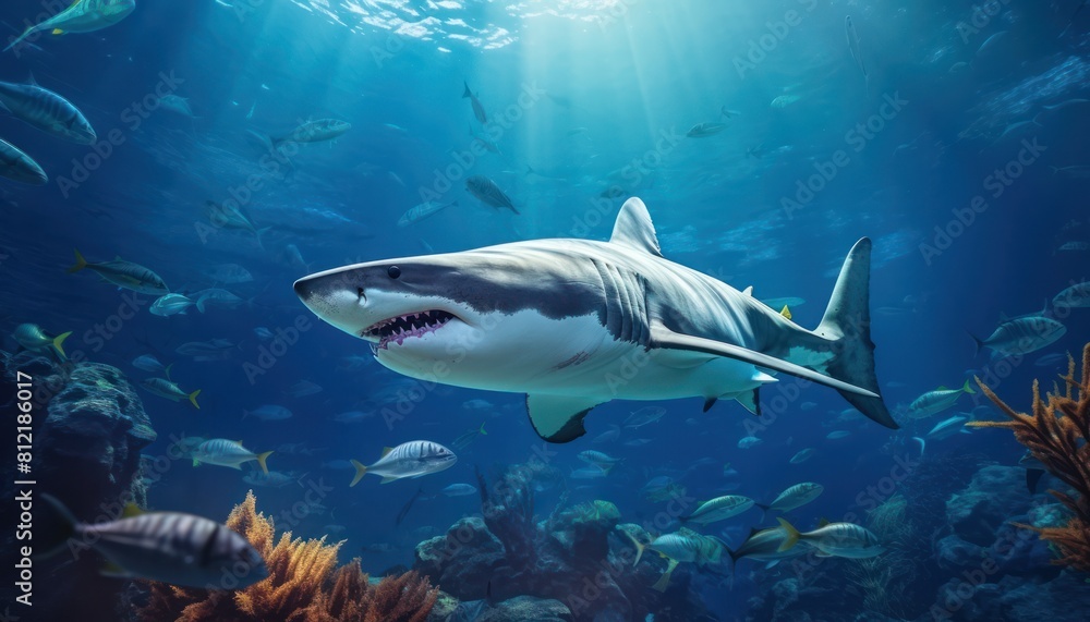 Fototapeta premium The great White Shark in the ocean, portrait of White shark hunting prey in the underwater